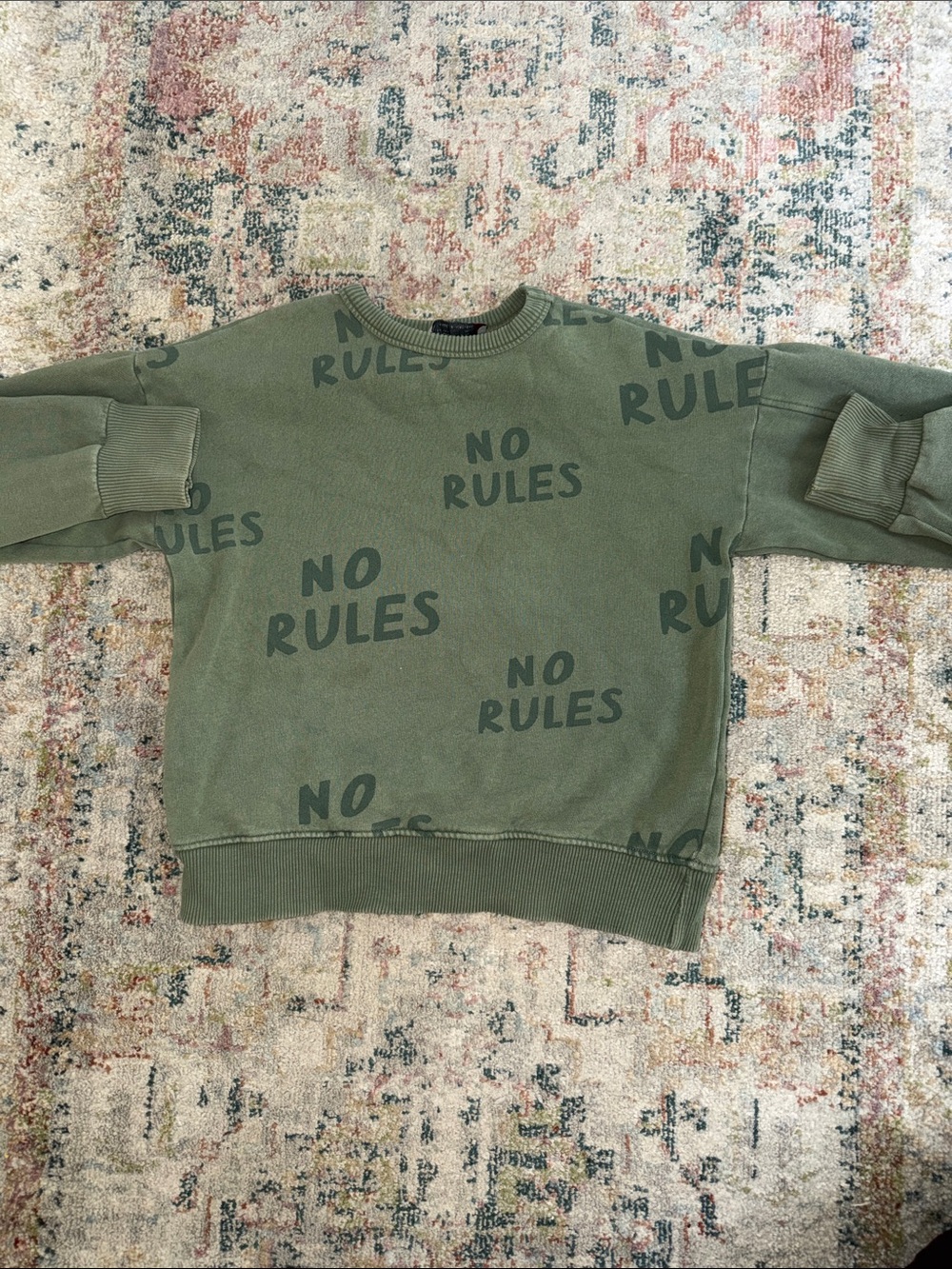 Zara Olive Green 'No Rules' Crewneck Sweater